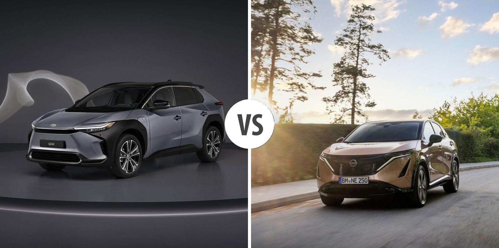 Toyota bZ4X vs Nissan Ariya comparison showing their exterior designs side by side